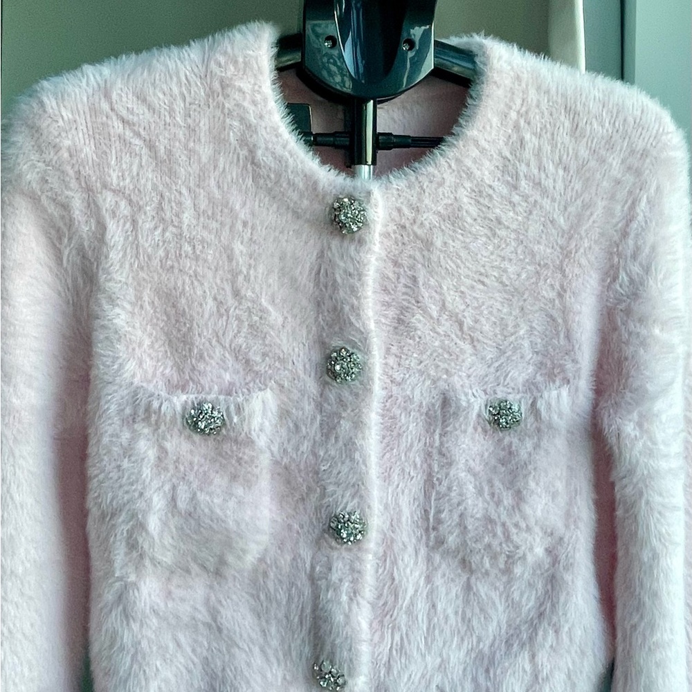 J Crew Pink Sweater in Brushed Yarn w/rhinestone buttons - Size Small